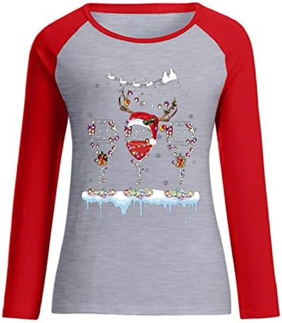 Narhbrg Femei Drăguț Crăciun Bluze Xmas Roșu Vin Pahar Grafic Raglan Camasa Maneca Lunga Tricouri Colorblock Tricou Topuri