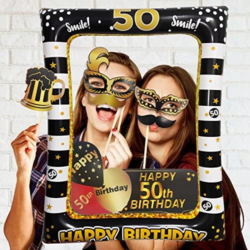 LMSHOWOWO 50th Birthday Photo Stand Reps, cadru de cabină foto gonflabilă, ramă selfie gonflabilă din aur negru, recuzită pentru