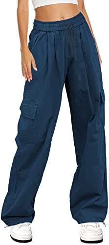 Pantaloni de talie elastici casual Hvepuo pentru femei cu talie elastică cu buzunare
