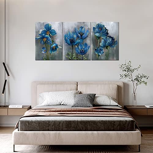 Artă de perete de flori albastre, flori pe fundal gri peisaj natural peisaj prin imprimare perete artă 3 piese pentru living