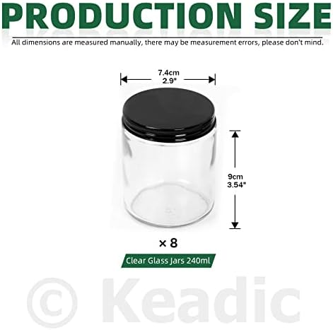 KEADIC 8 PCS 240 ml/8oz borcane de sticlă cu capace set de sortiment, mini borcane de probă rotundă rotundă cu capacele negre,