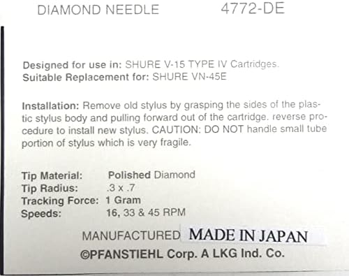 Pfanstiehl fonograf eliptice diamant AC compatibil înlocuire pentru Shure V15 tip IV cartuș 4 VN-45E