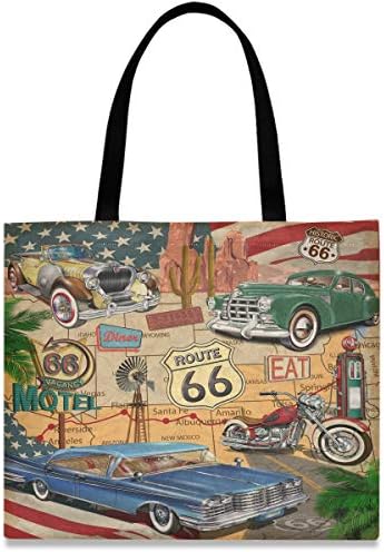 Vissunny Femei mari Canvas Tote Bag pentru umăr Vintage Route 66 Model de depozitare Top Depozitare Geantă de cumpărături Casual