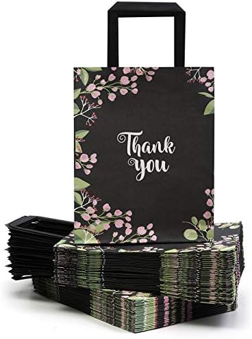 Genti cadou de mulțumire neagră 50 pachet 8 x 10 Saci de hârtie de dimensiuni medii cu mânere design floral în vrac, mulțumesc