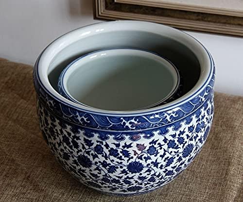 Hanxiaoyishop Fish Bowl 2 PC -uri Set de ceramică Fishbowl Planter Blue and White Porțelan Pește decorațiuni de pește de aur