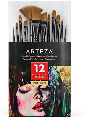 Pensule Arteza, Set de 12, pensule Premium acrilice sintetice și ulei cu ferule de alamă și mânere din lemn de mesteacăn, consumabile