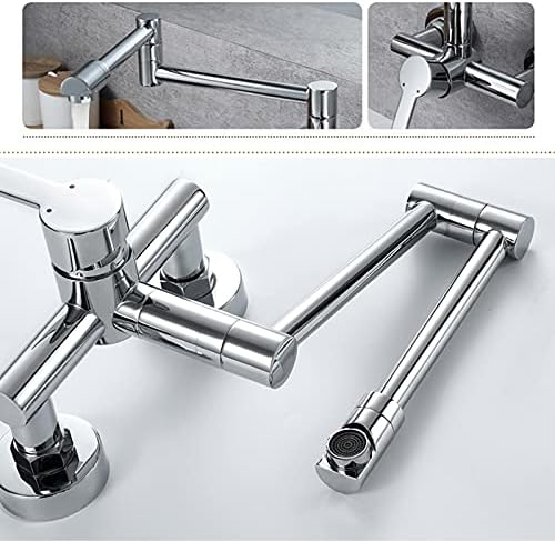 Un robinet de perete din alamă care se întinde de la chiuvetă de bucătărie cu un singur robinet cu dublu braț