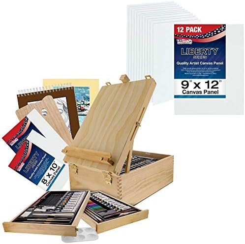 U. S. Art Supply 107 piese cutie din lemn Set de pictură de șevalet-ulei, acril, culori de vopsea acuarelă și pensule de pictură,