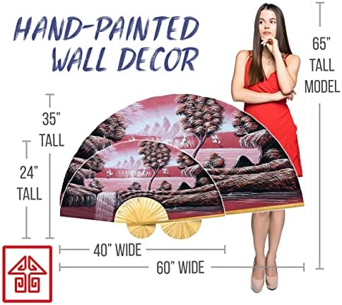 Macarale chinezești uriașe de perete pliabil ventilator pictat manual arta decorativă de perete, pictură manuală a peisajului acrilic original pe un cadru natural de bambus pentru living sau decor dormitor, rustic, boho