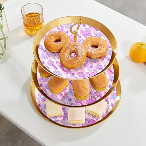 Iepuri cu 3 niveluri de cupcake iepuri și flori în dungi roz petrecere server alimentar afișare suport pentru fructe de desert
