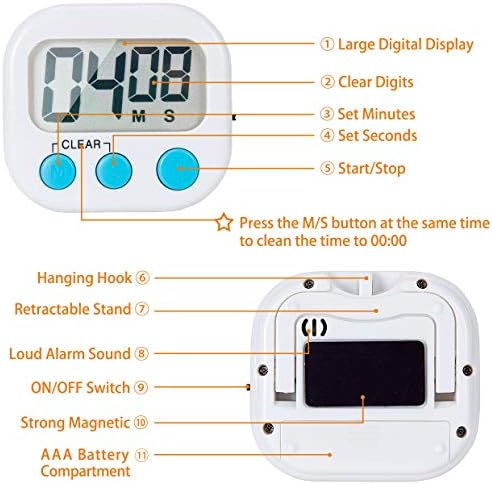2 Pack Digital bucătărie Timer pentru gătit cifre mari tare alarma suport Magnetic Stand gătit cronometre pentru copt alb
