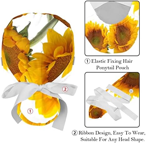 2 PC -uri Asistente medicale Caps pentru femei Părul lung, Helianthus Sunflower Flower Flower Cap Cap cu buton și bandă de