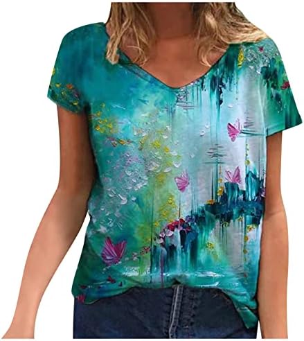 Bluză cu mânecă scurtă pentru femei toamna vara adânc V gât Gradient Fluture Topuri grafice Tricouri fete SL