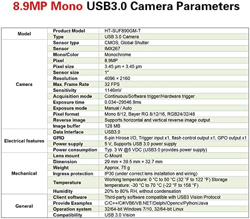 Hteng Vishi Speed ​​USB3.0 Monochrome 8,9MP 1 Cameră industrială Mașină Viziune globală Camera Global Camera SDK SDK mare 4096x2160