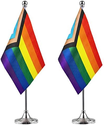 ZXVZYT 2 Pack Progress Progres Pride Rainbow Flag Gay Table Steag, mici steaguri de birou Mini LGBT cu bază de stand, American