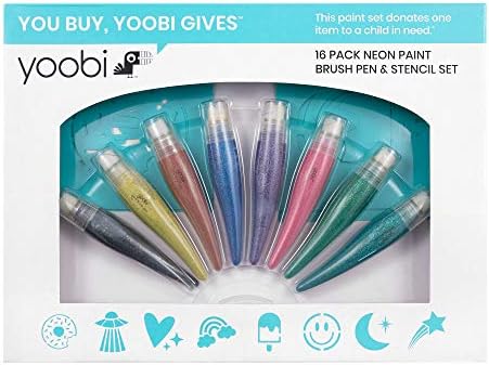 Yoobi | Set de vopsea lavabilă | Setul de 16 piese include 8 stenciluri și 8 culori de stilou cu perie de vopsea cu sclipici
